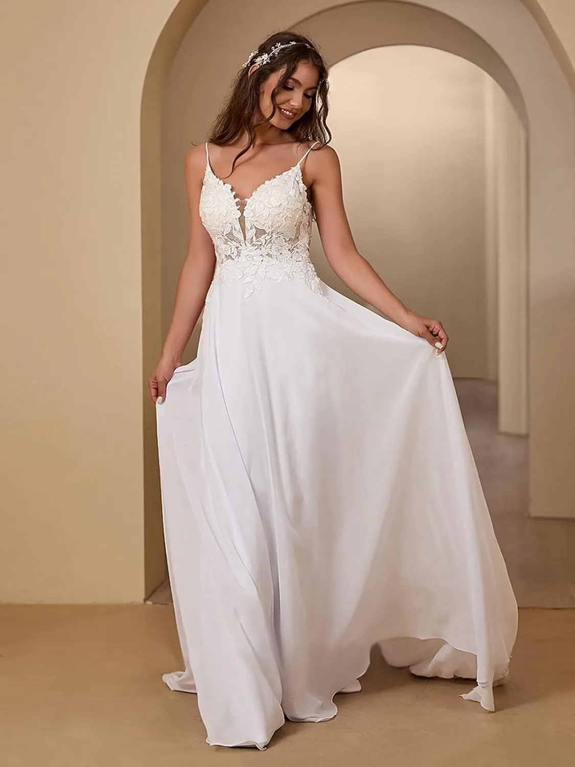 Boho Beach Wedding Dresses for Bride Lace Chiffon Backless Bridal Gowns for Wedding 2025