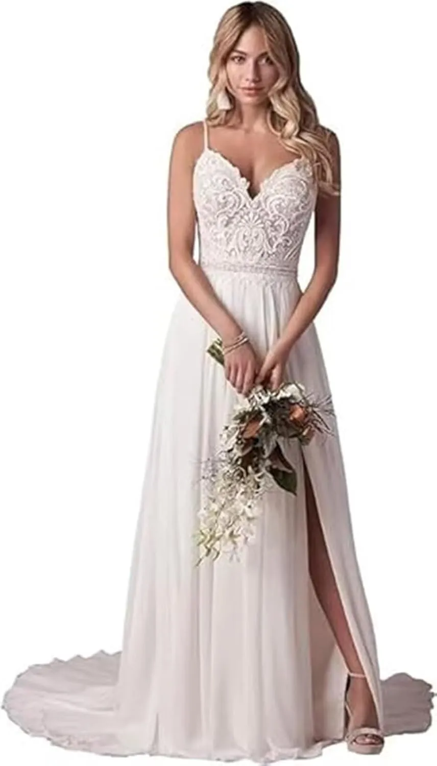 Boho Beach Wedding Dresses for Bride Lace Chiffon Backless Bridal Gowns for Wedding 2025