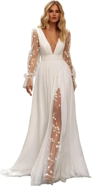 Boho Beach Wedding Dresses for Bride Lace Chiffon Backless Bridal Gowns for Wedding 2025