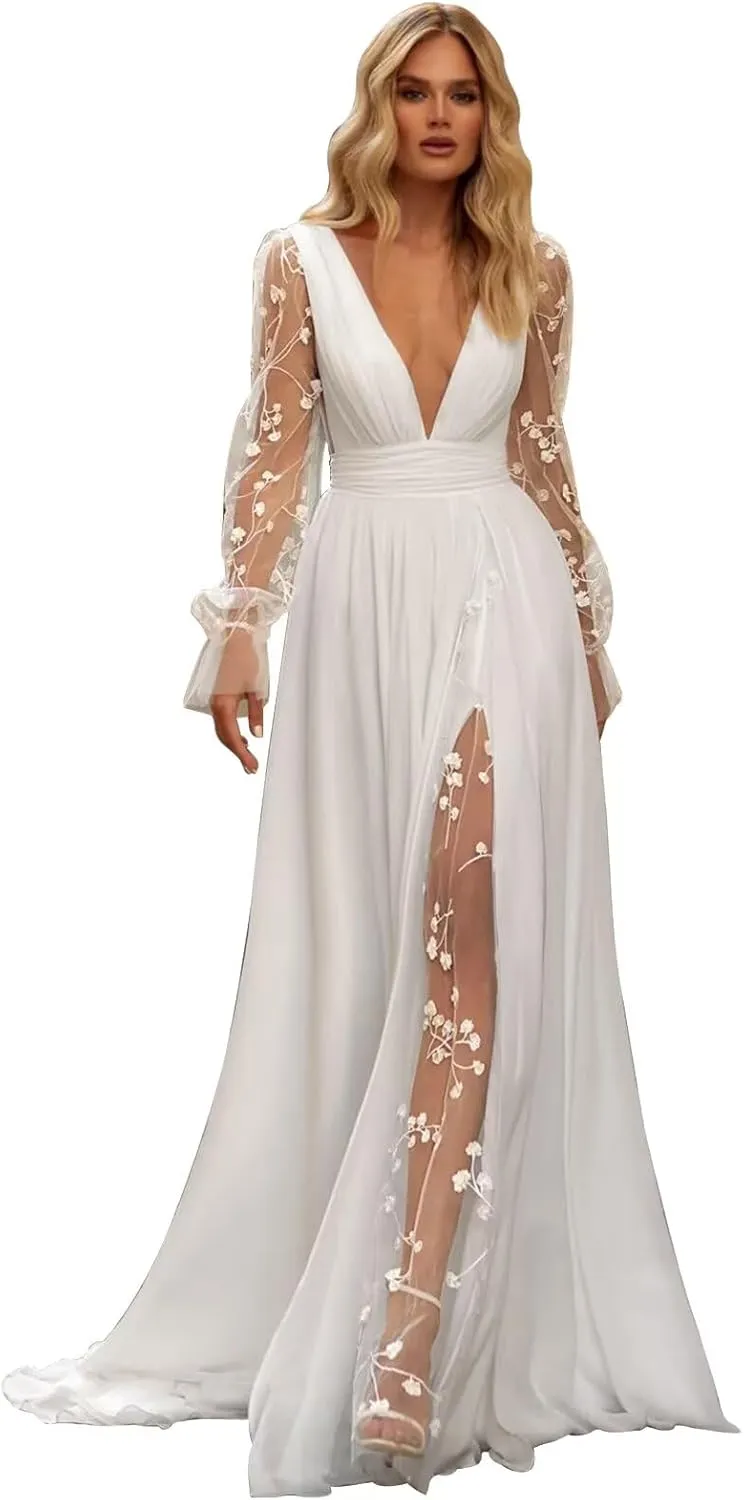 Boho Beach Wedding Dresses for Bride Lace Chiffon Backless Bridal Gowns for Wedding 2025