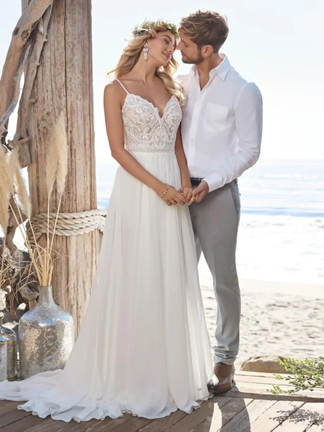 Boho Beach Wedding Dresses for Bride Lace Chiffon Backless Bridal Gowns for Wedding 2025