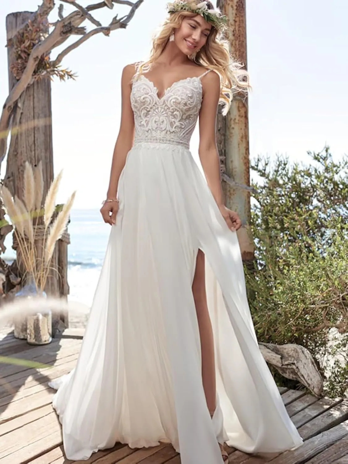 Boho Beach Wedding Dresses for Bride Lace Chiffon Backless Bridal Gowns for Wedding 2025