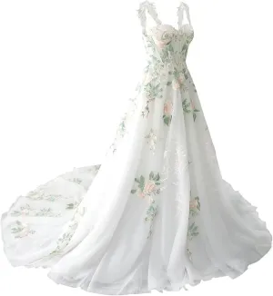 Boho Wedding Dress for Bride Beach Floral Appliques Tulle Forest Fairy Lace Bridal Gown with Train 2025