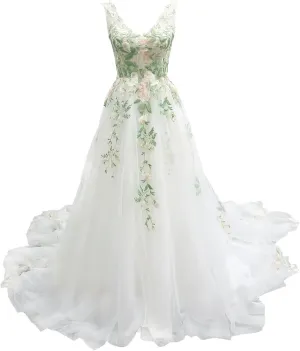 Boho Wedding Dress for Bride Beach Floral Appliques Tulle Forest Fairy Lace Bridal Gown with Train 2025