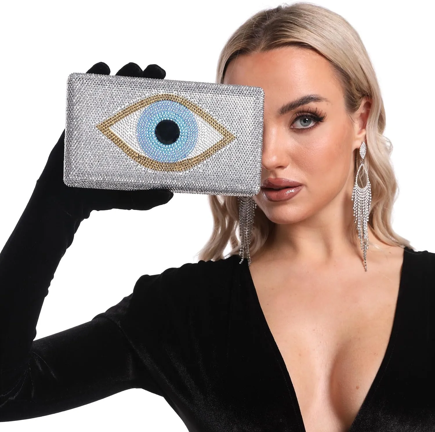 Boutique De FGG Evil Eye Rhinestone Clutch Purses for Women Formal Evening Bags Party Crystal Clutch Bag Prom Handbag,Mini