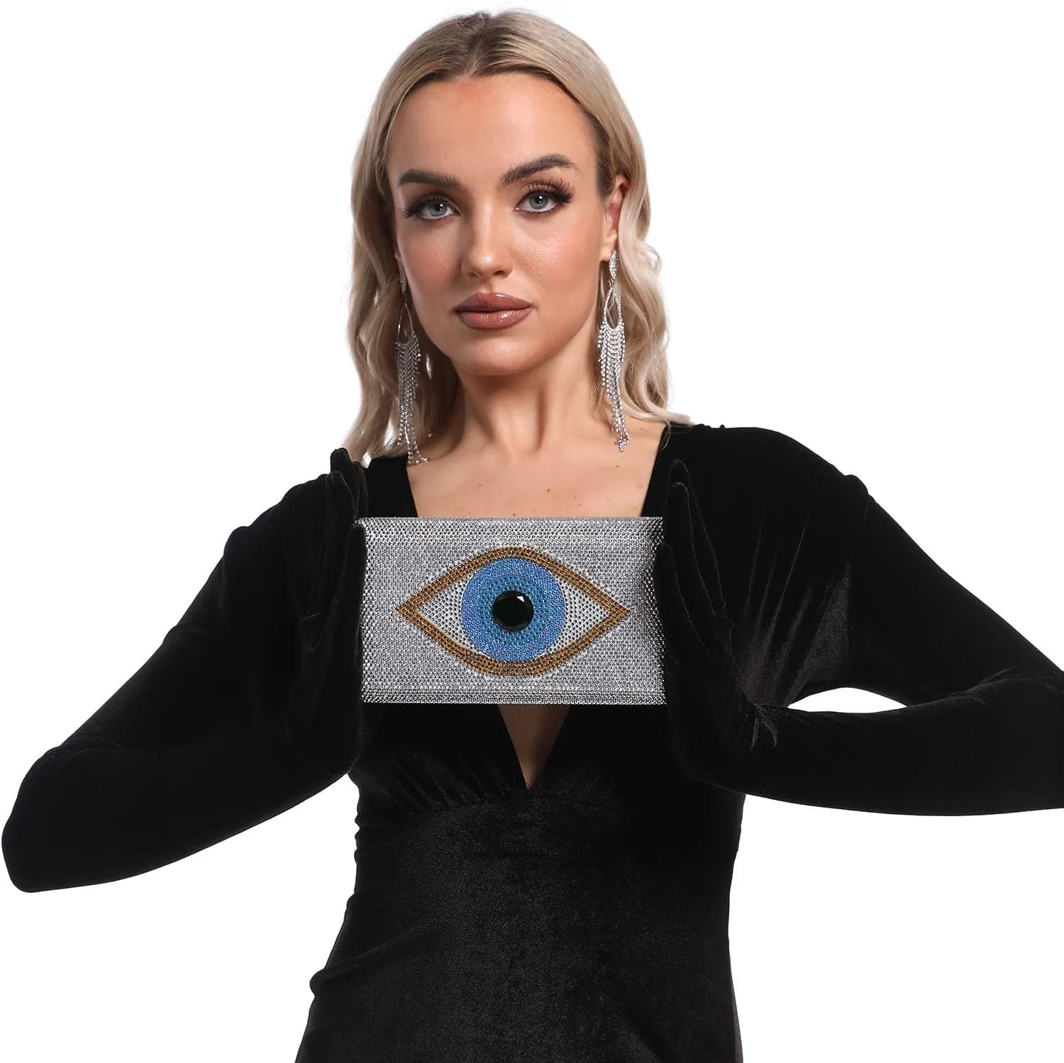 Boutique De FGG Evil Eye Rhinestone Clutch Purses for Women Formal Evening Bags Party Crystal Clutch Bag Prom Handbag,Mini