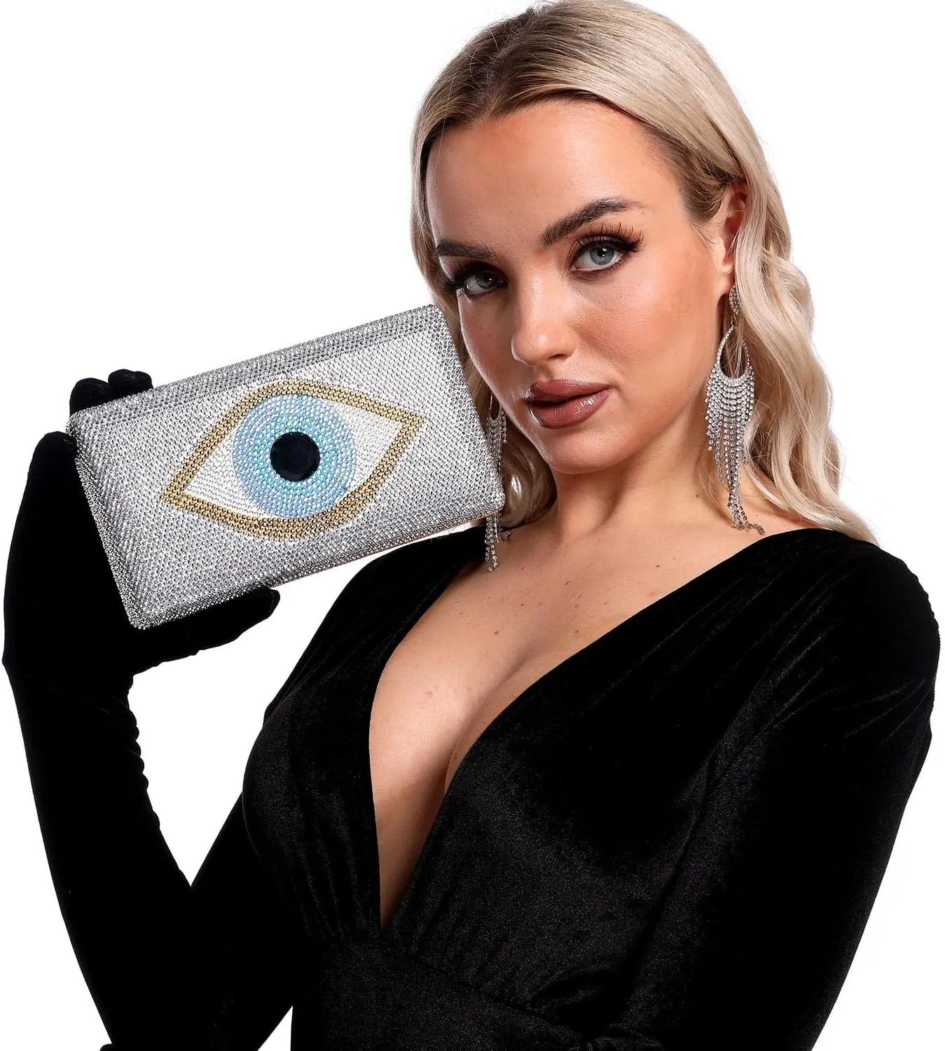 Boutique De FGG Evil Eye Rhinestone Clutch Purses for Women Formal Evening Bags Party Crystal Clutch Bag Prom Handbag,Mini