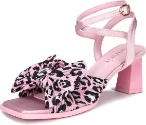 Bow Heels Sandals for Women Square Open Toe Satin Chunky Block Heel Ankle Strap Wedding Party Bowknot High Heels