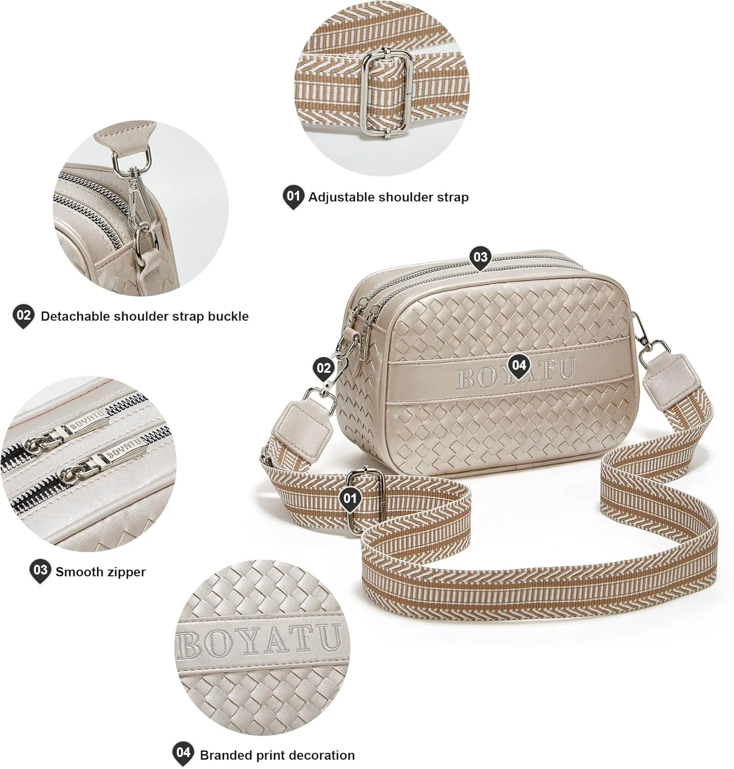 BOYATU Woven Crossbody Bag for Women: Vegan Leather Purse - Small Shoulder Bags for Ladies - Trendy Purses with Wide Strap