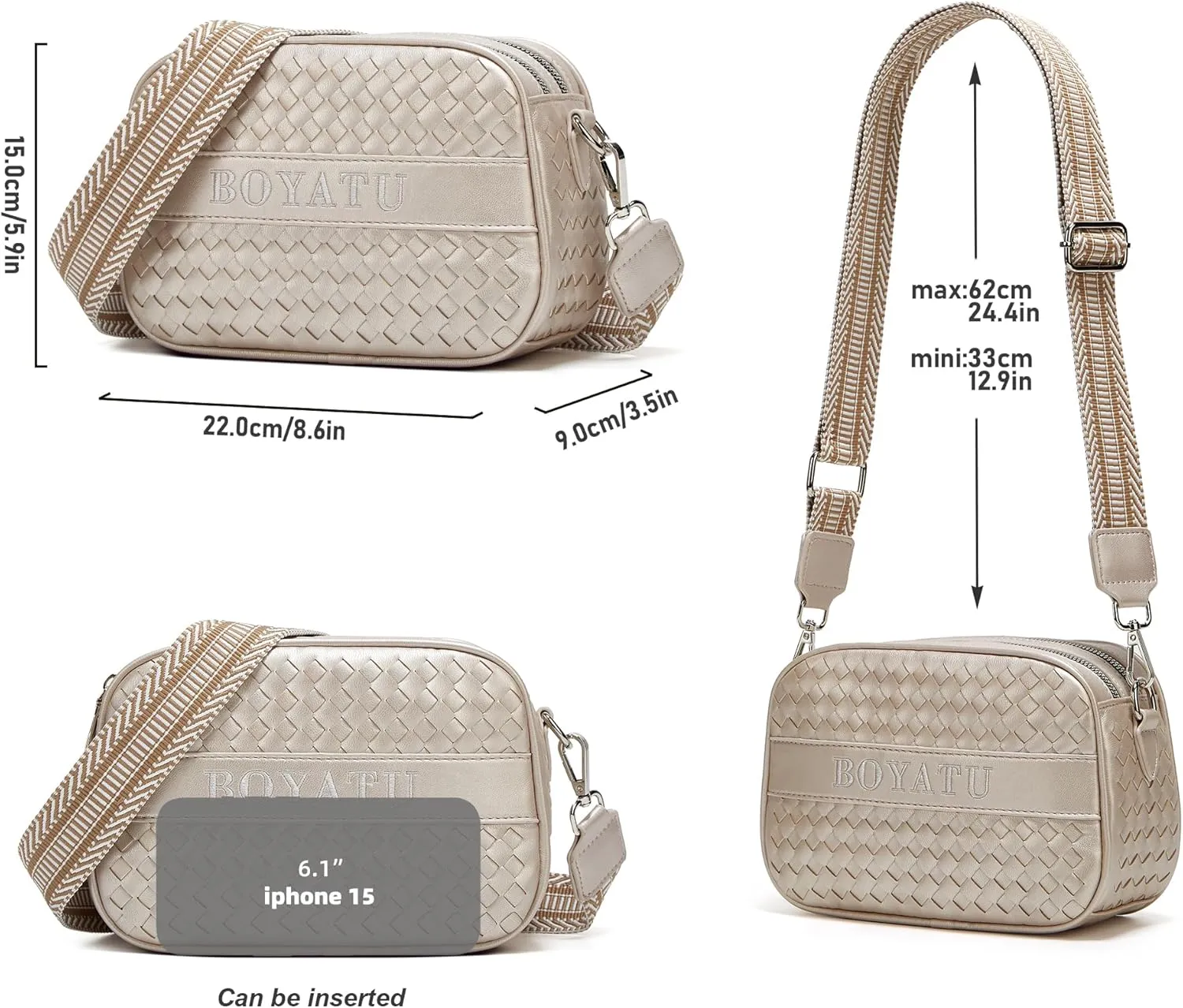 BOYATU Woven Crossbody Bag for Women: Vegan Leather Purse - Small Shoulder Bags for Ladies - Trendy Purses with Wide Strap