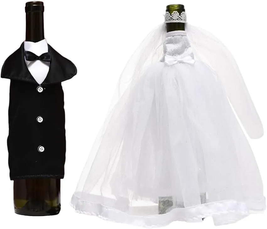 Bride Groom Wine Bottle Covers, Wedding Party Table Decorations, White Tulle Dress Black Tuxedo Dress Wine Bottle for Bridal Shower Decor Accessories