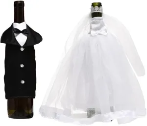 Bride Groom Wine Bottle Covers, Wedding Party Table Decorations, White Tulle Dress Black Tuxedo Dress Wine Bottle for Bridal Shower Decor Accessories
