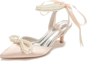 Bride Satin Pearl High Heel Wedding Shoes Womens Bride Pointed Toe Ribbon Tie Prom Evening Heels Formal Party Heeled Sandals Women 6Cm
