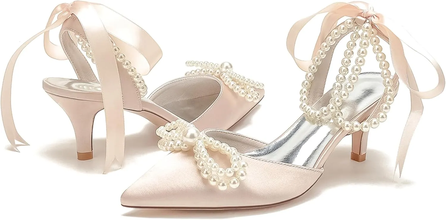 Bride Satin Pearl High Heel Wedding Shoes Womens Bride Pointed Toe Ribbon Tie Prom Evening Heels Formal Party Heeled Sandals Women 6Cm