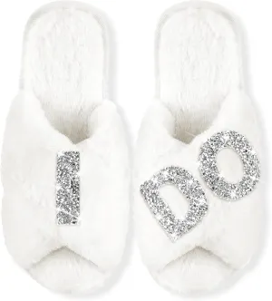 Bride Slippers for Wedding Day - White Bridal Shoes - 'I Do' Wedding Slippers for Brides