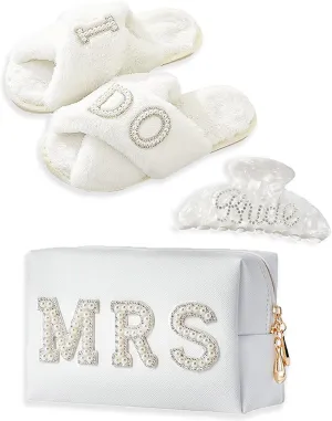Bride To Be Gifts - Bridal Shower Gifts & Wedding Gifts for Bride - Gift Set: Makeup Bag, Slippers, Hair Clip - Perfect Bride Gifts