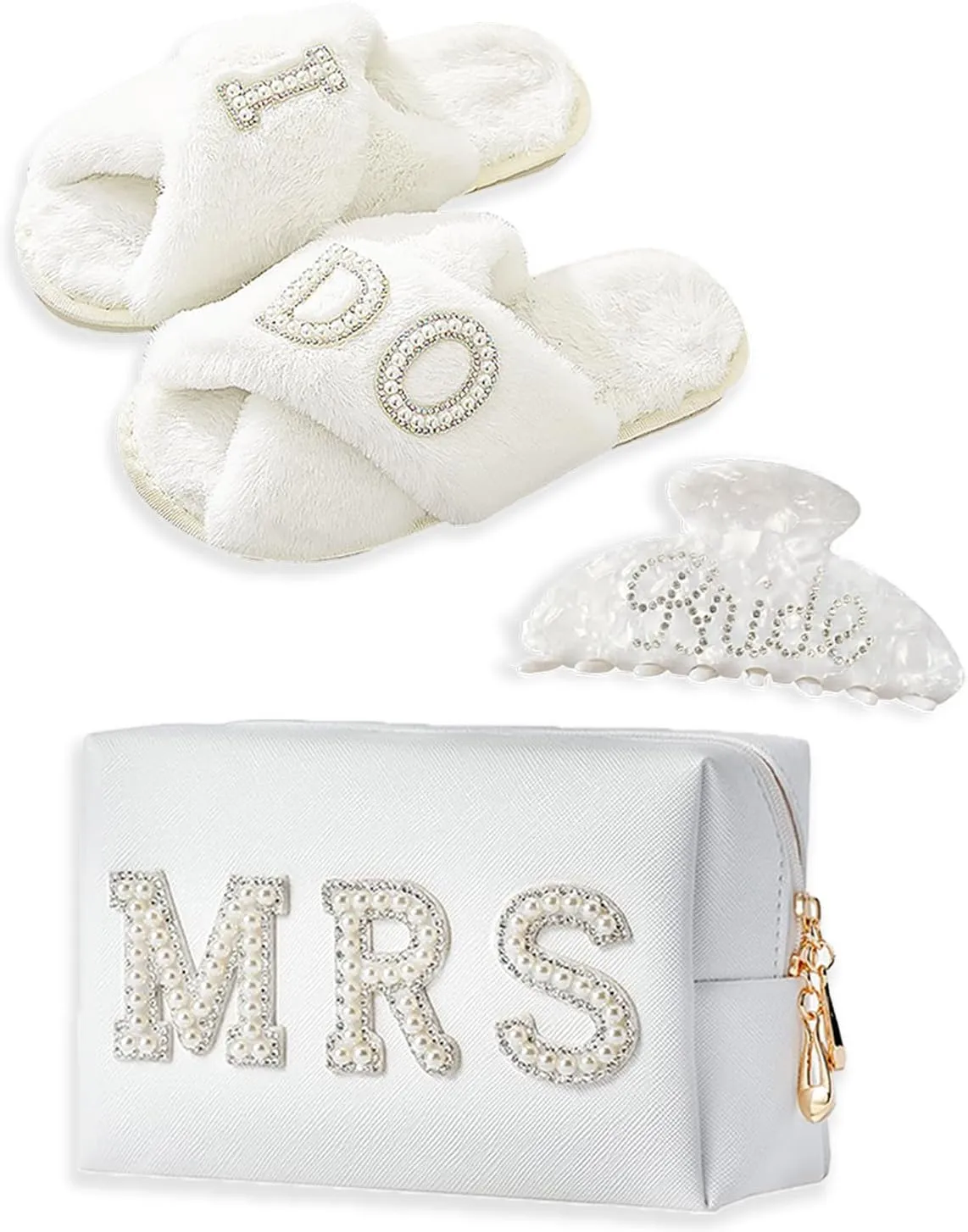 Bride To Be Gifts - Bridal Shower Gifts & Wedding Gifts for Bride - Gift Set: Makeup Bag, Slippers, Hair Clip - Perfect Bride Gifts