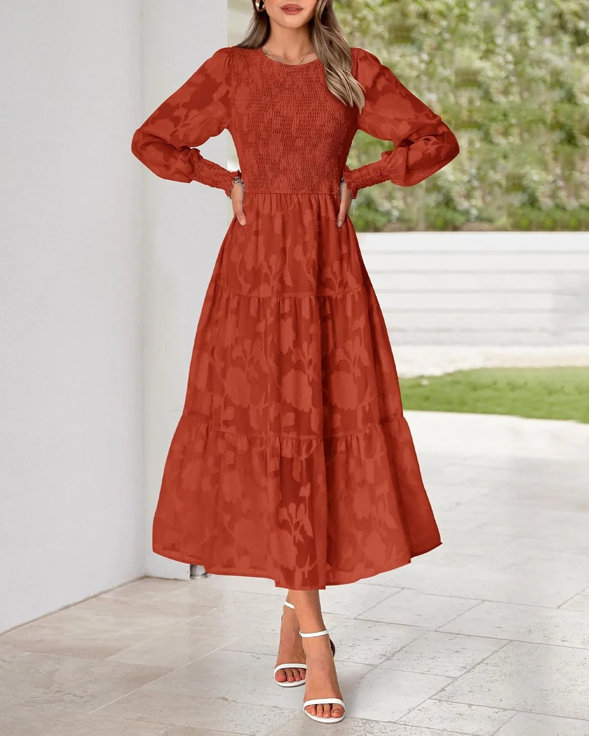 BTFBM Casual Women's 2025 Spring Dresses Elegant Wedding Guest Dress Long Sleeve Floral Midi Dress Flowy Bohemian Long Dress