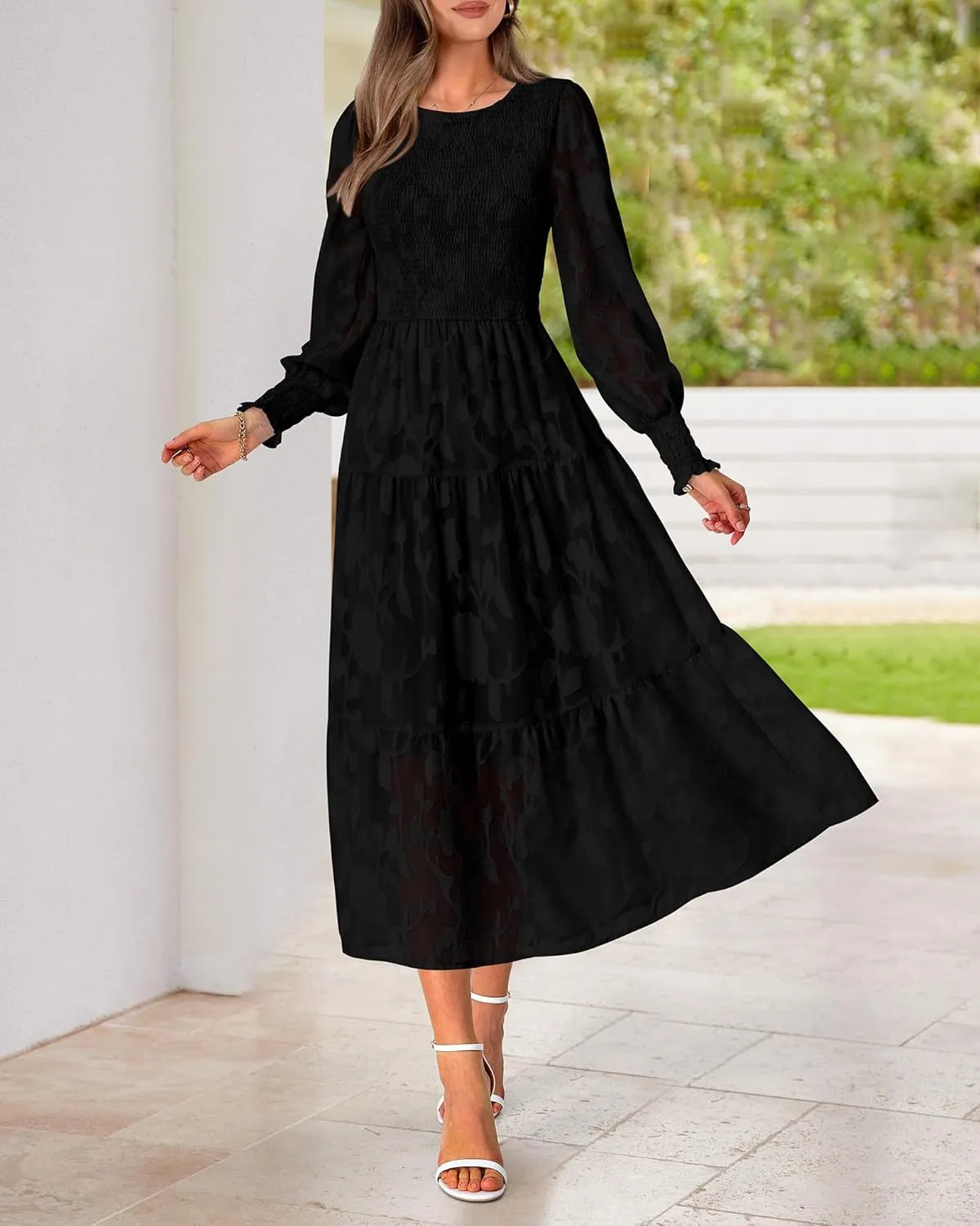 BTFBM Casual Women's 2025 Spring Dresses Elegant Wedding Guest Dress Long Sleeve Floral Midi Dress Flowy Bohemian Long Dress