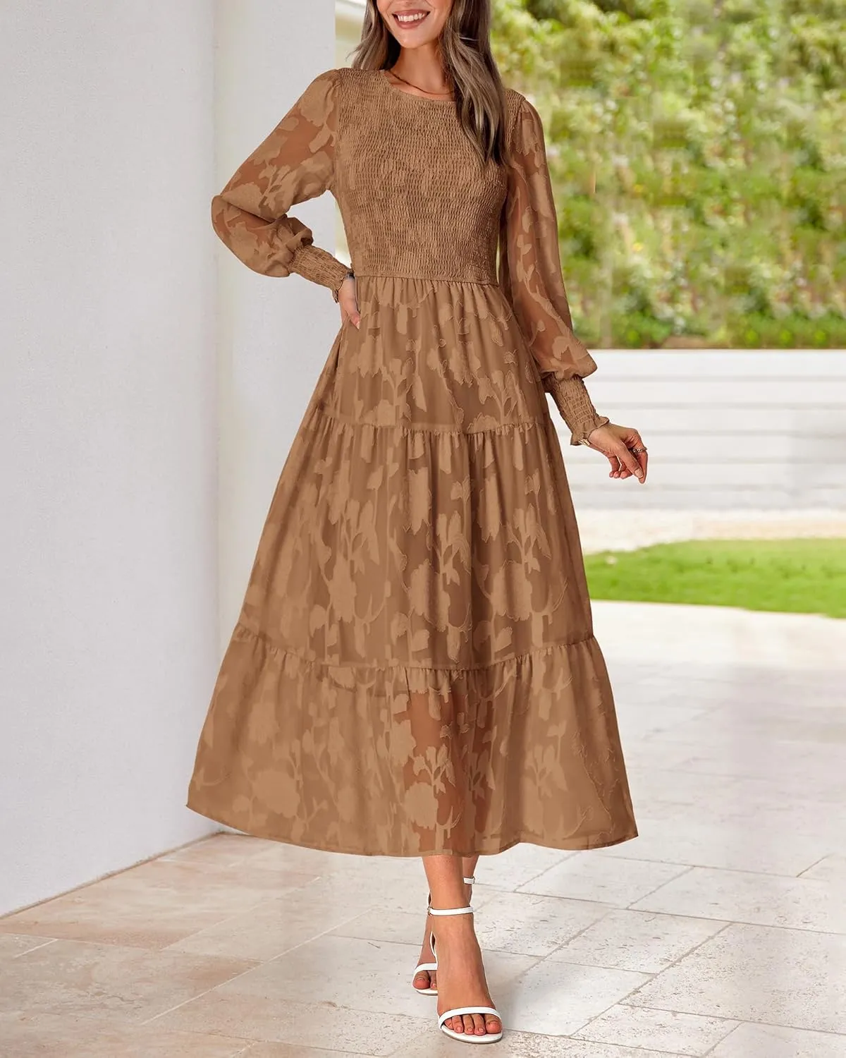 BTFBM Casual Women's 2025 Spring Dresses Elegant Wedding Guest Dress Long Sleeve Floral Midi Dress Flowy Bohemian Long Dress