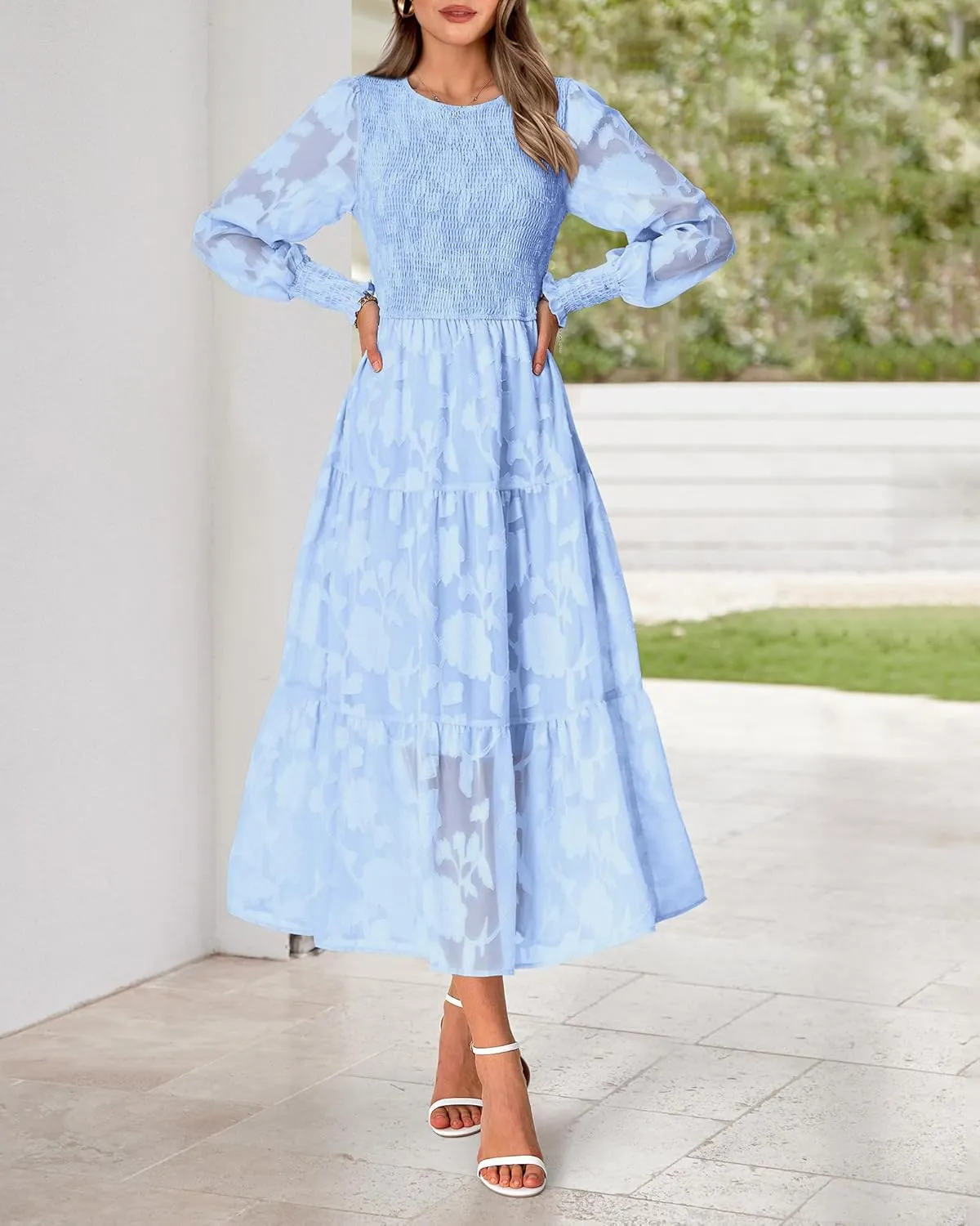 BTFBM Casual Women's 2025 Spring Dresses Elegant Wedding Guest Dress Long Sleeve Floral Midi Dress Flowy Bohemian Long Dress
