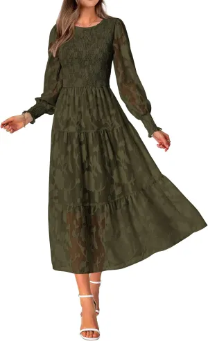 BTFBM Casual Women's 2025 Spring Dresses Elegant Wedding Guest Dress Long Sleeve Floral Midi Dress Flowy Bohemian Long Dress
