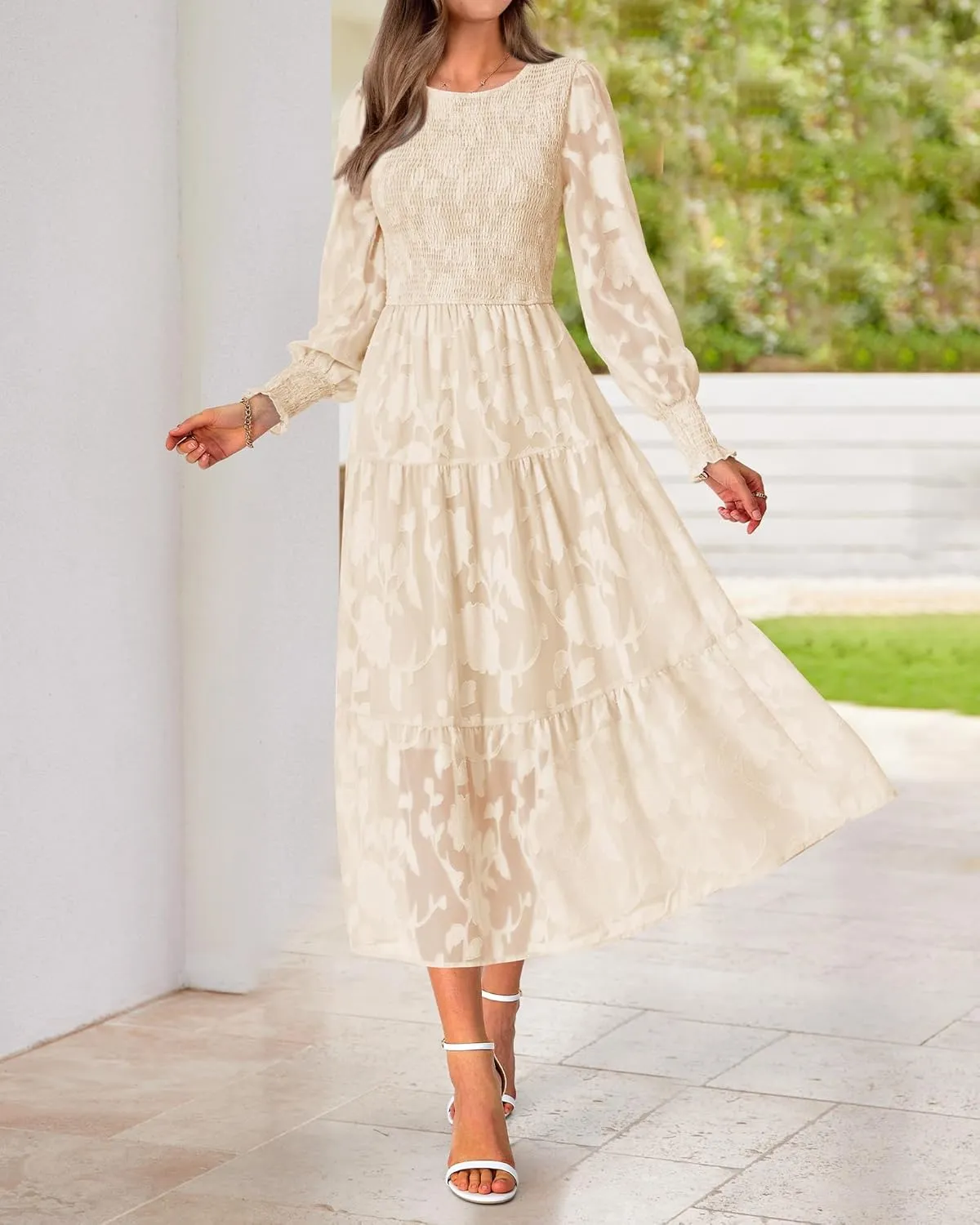 BTFBM Casual Women's 2025 Spring Dresses Elegant Wedding Guest Dress Long Sleeve Floral Midi Dress Flowy Bohemian Long Dress