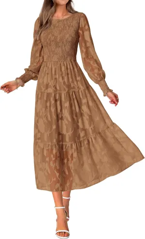 BTFBM Casual Women's 2025 Spring Dresses Elegant Wedding Guest Dress Long Sleeve Floral Midi Dress Flowy Bohemian Long Dress