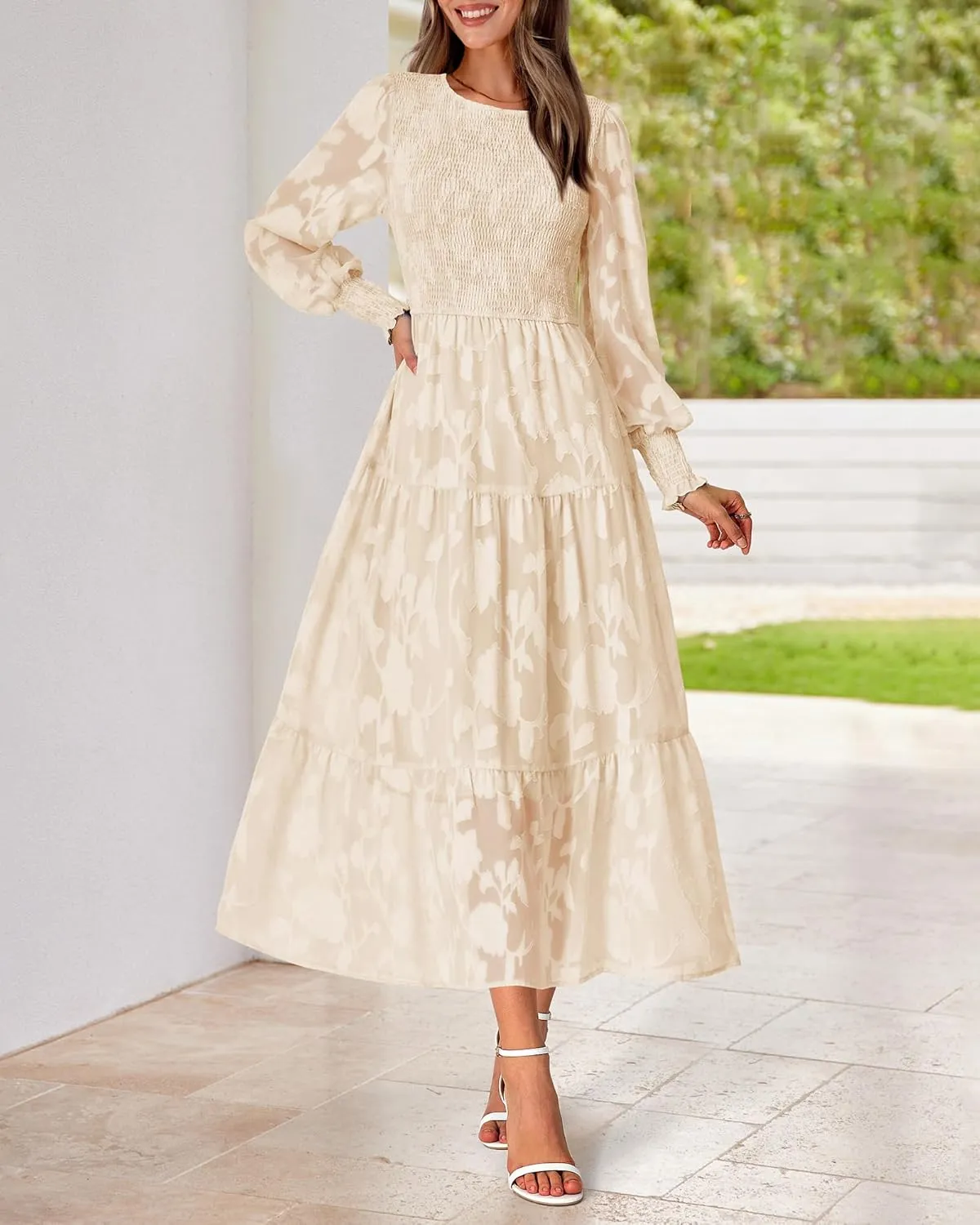 BTFBM Casual Women's 2025 Spring Dresses Elegant Wedding Guest Dress Long Sleeve Floral Midi Dress Flowy Bohemian Long Dress