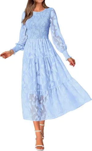 BTFBM Casual Women's 2025 Spring Dresses Elegant Wedding Guest Dress Long Sleeve Floral Midi Dress Flowy Bohemian Long Dress
