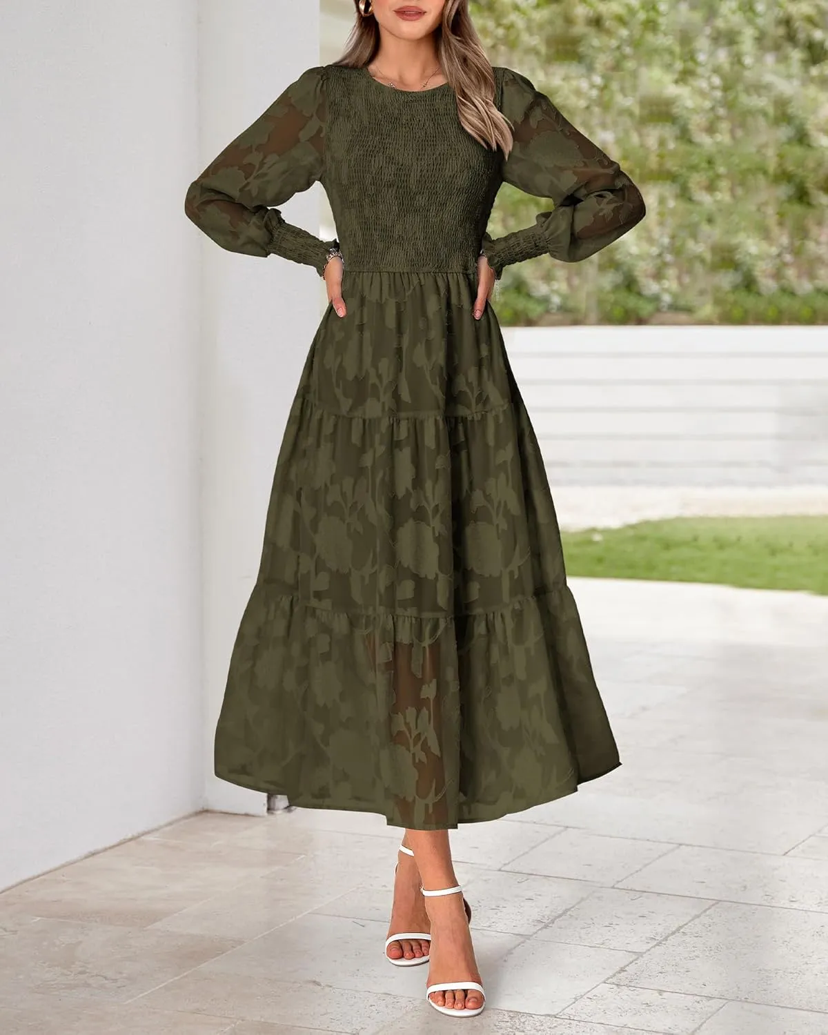 BTFBM Casual Women's 2025 Spring Dresses Elegant Wedding Guest Dress Long Sleeve Floral Midi Dress Flowy Bohemian Long Dress