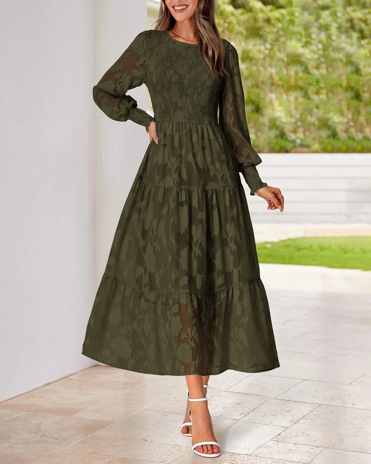 BTFBM Casual Women's 2025 Spring Dresses Elegant Wedding Guest Dress Long Sleeve Floral Midi Dress Flowy Bohemian Long Dress