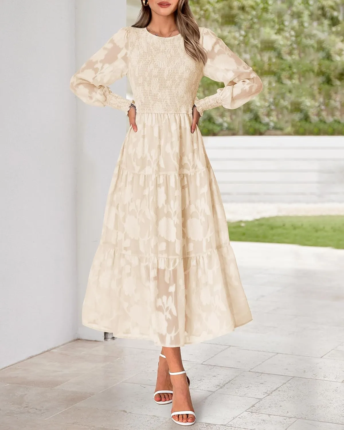 BTFBM Casual Women's 2025 Spring Dresses Elegant Wedding Guest Dress Long Sleeve Floral Midi Dress Flowy Bohemian Long Dress