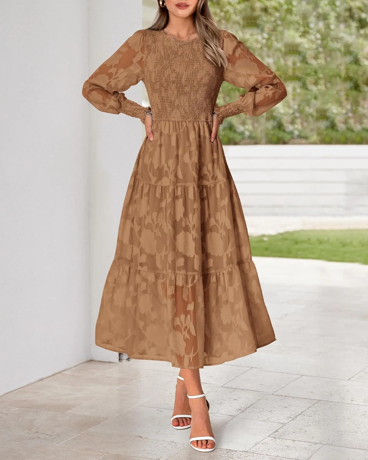 BTFBM Casual Women's 2025 Spring Dresses Elegant Wedding Guest Dress Long Sleeve Floral Midi Dress Flowy Bohemian Long Dress