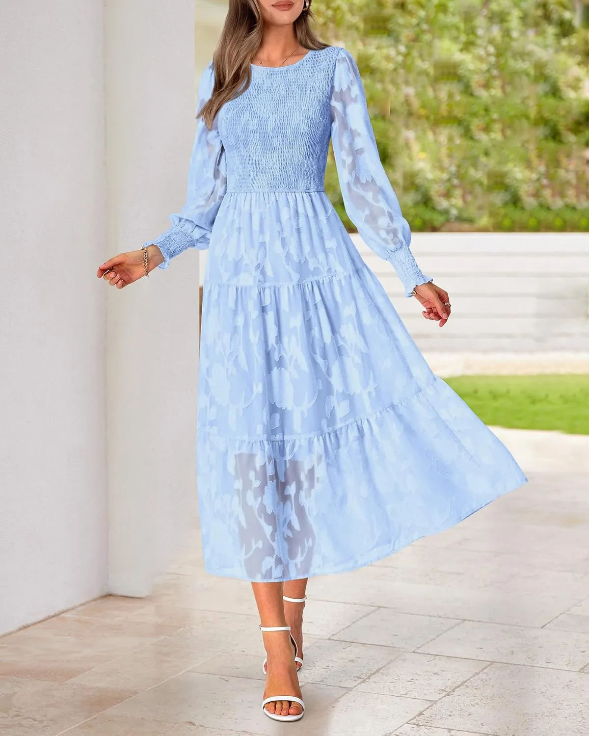 BTFBM Casual Women's 2025 Spring Dresses Elegant Wedding Guest Dress Long Sleeve Floral Midi Dress Flowy Bohemian Long Dress