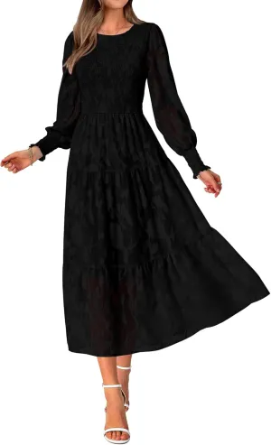 BTFBM Casual Women's 2025 Spring Dresses Elegant Wedding Guest Dress Long Sleeve Floral Midi Dress Flowy Bohemian Long Dress
