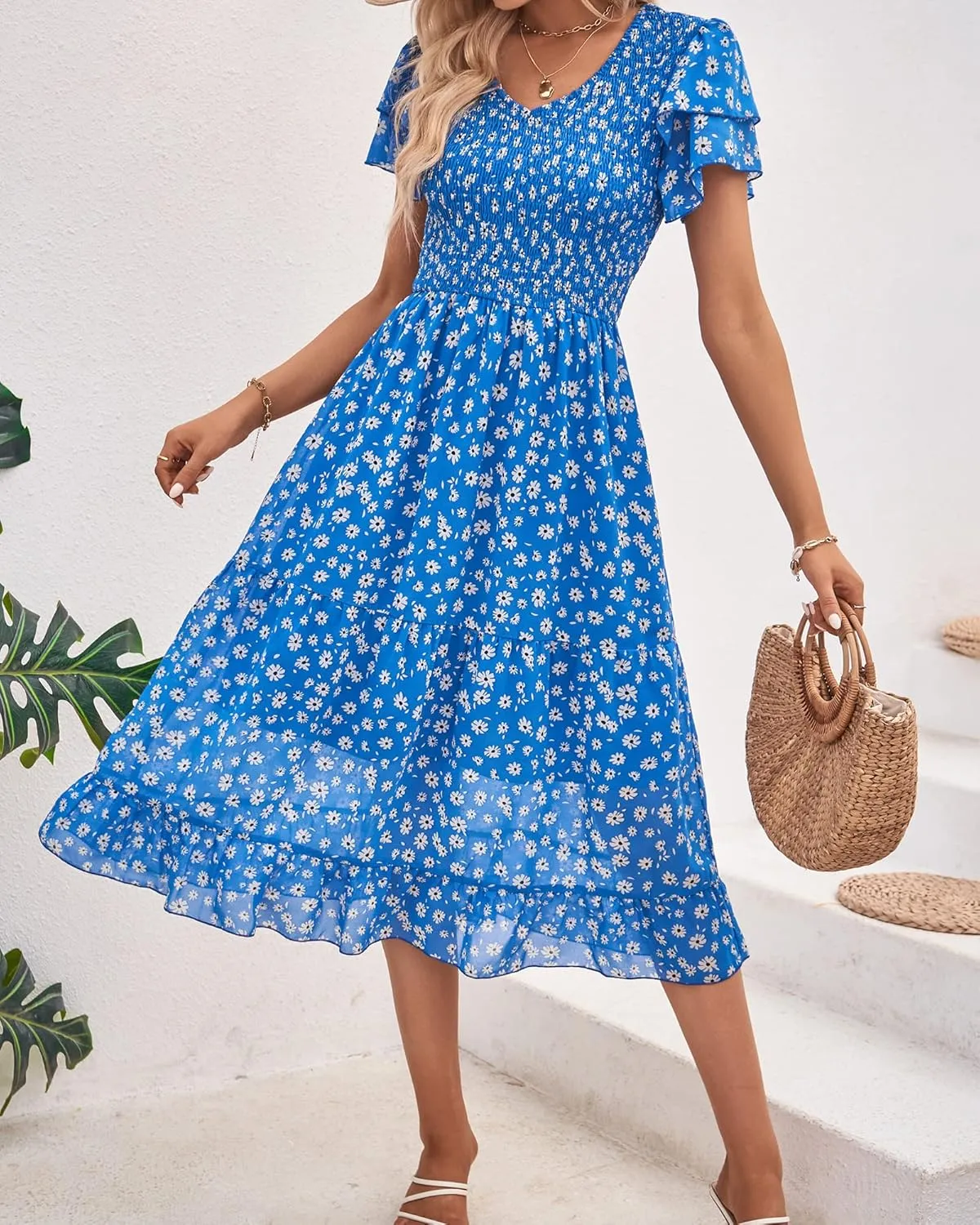 BTFBM Women Casual Summer Short Ruffles Tiered Sleeve Smocked Midi Dresses Bohemian Floral V Neck Wedding Guest Long Dresses