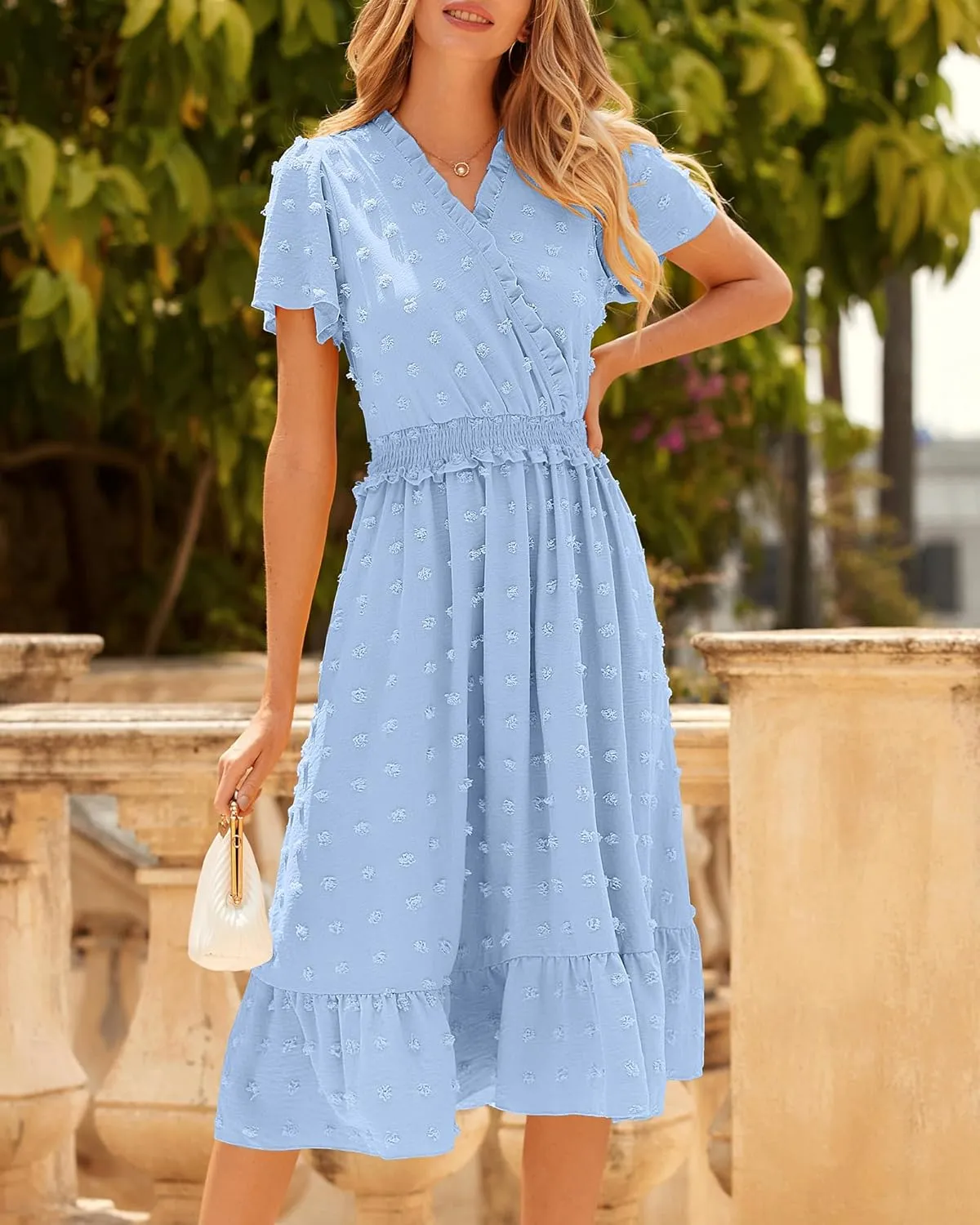BTFBM Women Short Sleeve V Neck Swiss Dot Midi Summer Dresses 2024 Boho Ruffle Long Dresses Ruffle Wedding Guest Dress