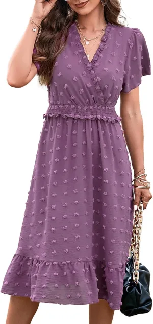 BTFBM Women Short Sleeve V Neck Swiss Dot Midi Summer Dresses 2024 Boho Ruffle Long Dresses Ruffle Wedding Guest Dress