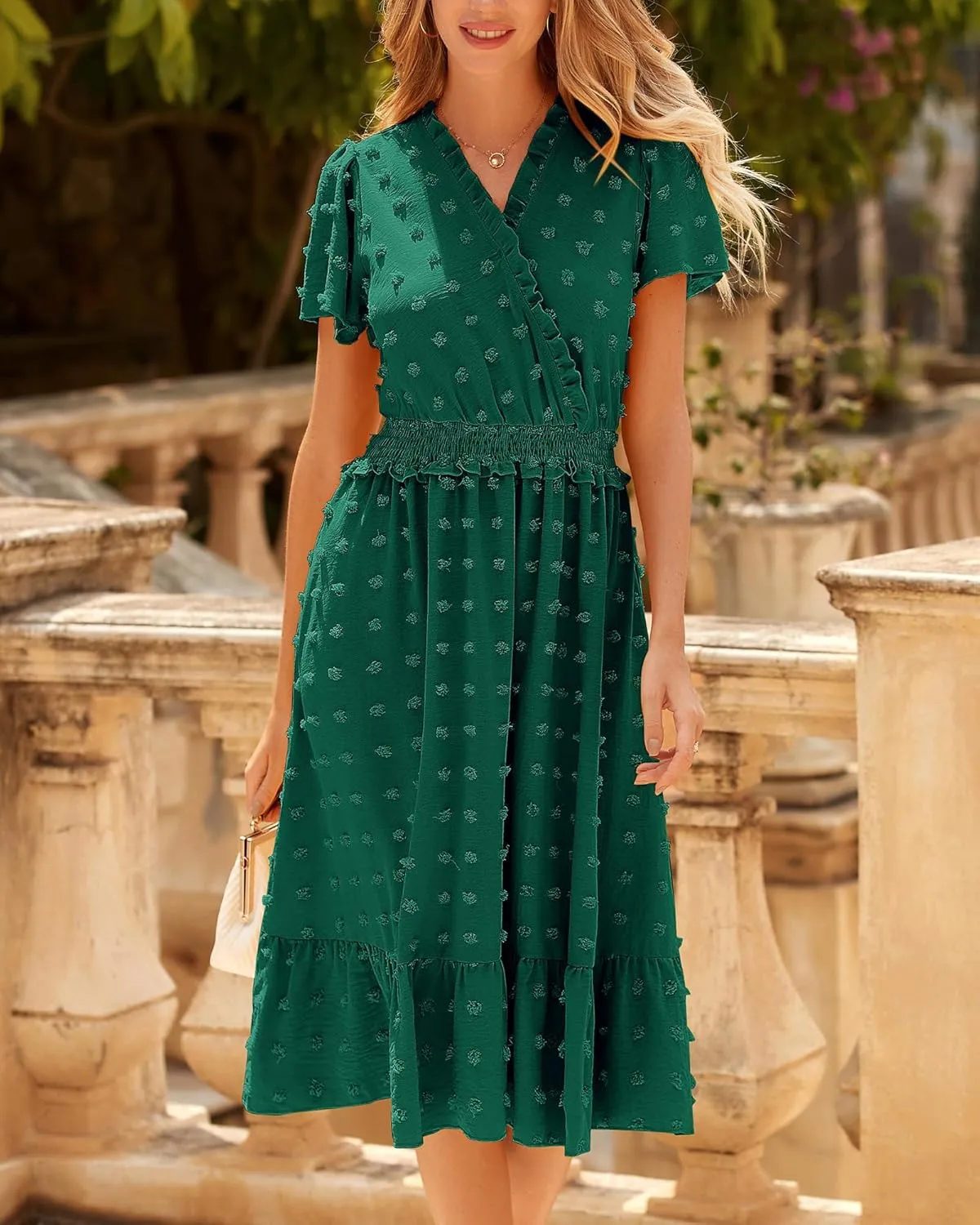 BTFBM Women Short Sleeve V Neck Swiss Dot Midi Summer Dresses 2024 Boho Ruffle Long Dresses Ruffle Wedding Guest Dress
