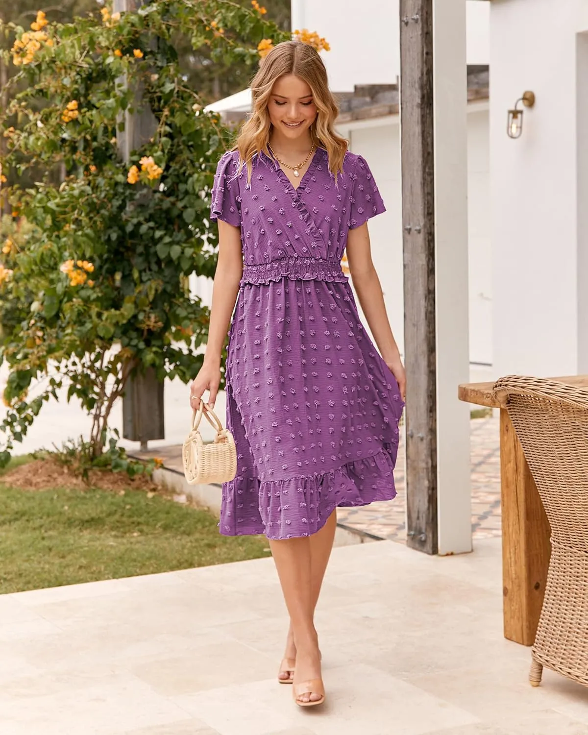 BTFBM Women Short Sleeve V Neck Swiss Dot Midi Summer Dresses 2024 Boho Ruffle Long Dresses Ruffle Wedding Guest Dress