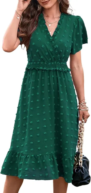 BTFBM Women Short Sleeve V Neck Swiss Dot Midi Summer Dresses 2024 Boho Ruffle Long Dresses Ruffle Wedding Guest Dress