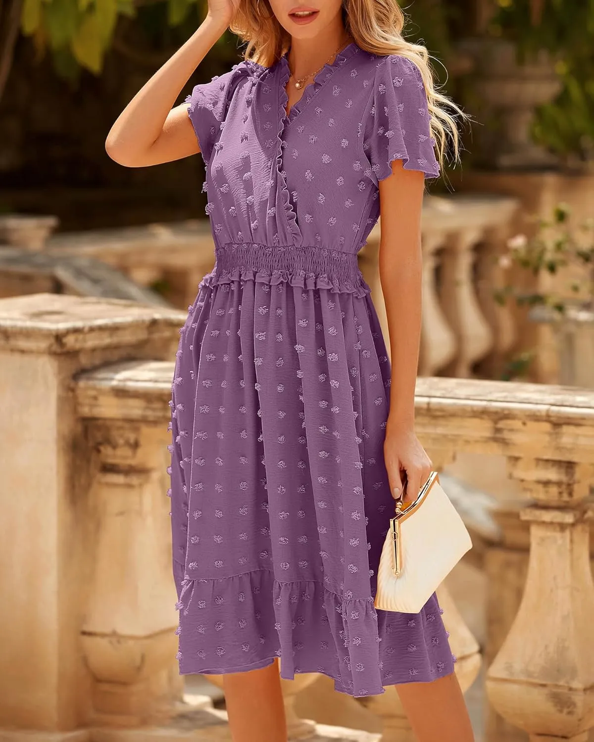 BTFBM Women Short Sleeve V Neck Swiss Dot Midi Summer Dresses 2024 Boho Ruffle Long Dresses Ruffle Wedding Guest Dress