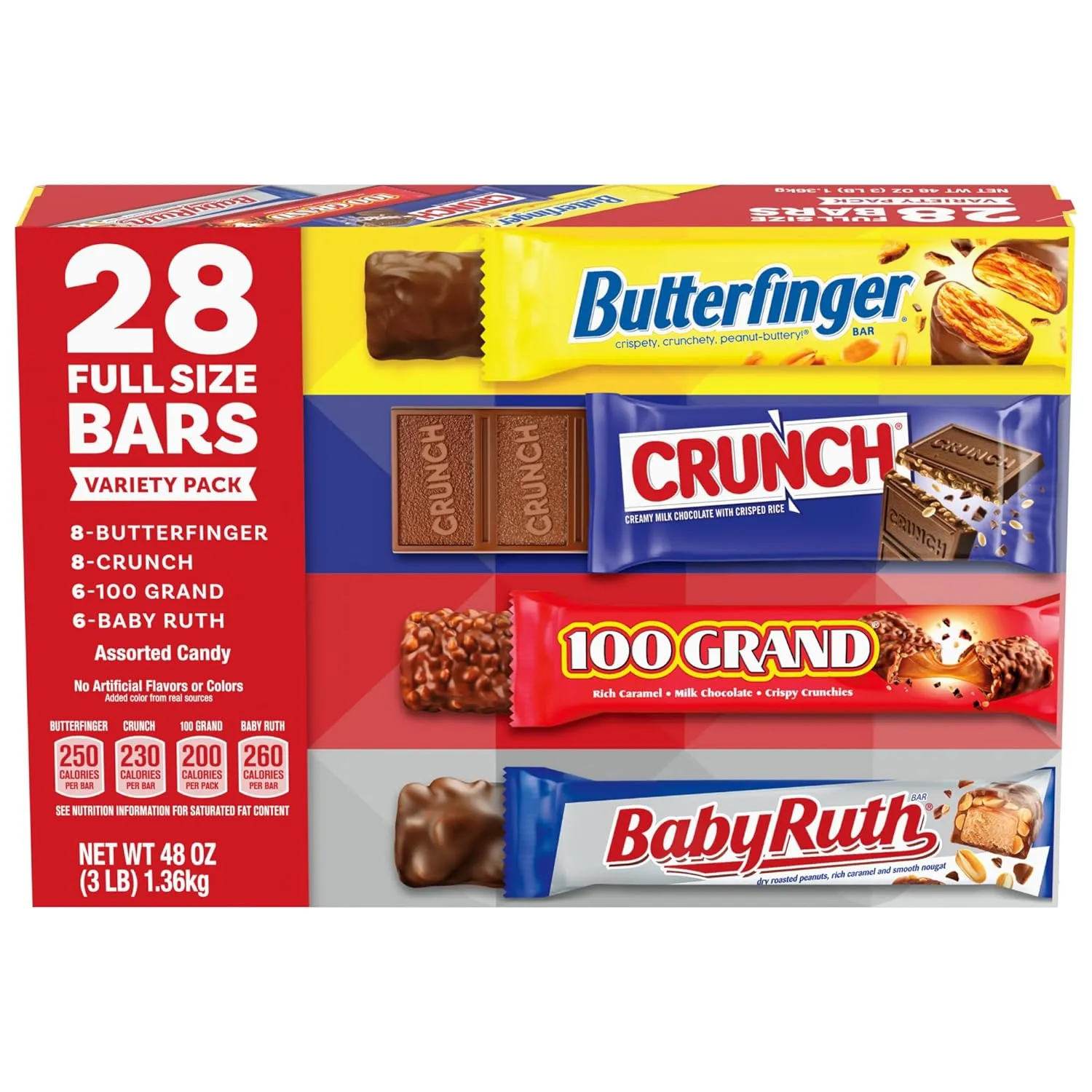 Butterfinger, CRUNCH, Baby Ruth and 100 Grand, Bulk 28 Pack, Assorted Full Size Chocolate Candy Bars, Stocking Stuffers, 48 oz