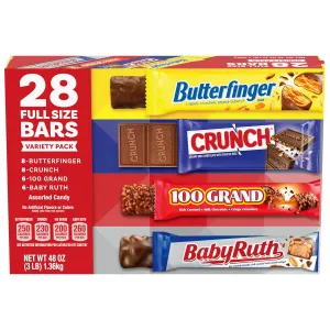 Butterfinger, CRUNCH, Baby Ruth and 100 Grand, Bulk 28 Pack, Assorted Full Size Chocolate Candy Bars, Stocking Stuffers, 48 oz