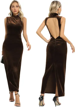 Capuffy Women Backless Velvet Maxi Dress Back Slit Ruched Bodycon Formal Dress High Neck Cocktail Party Dress 091