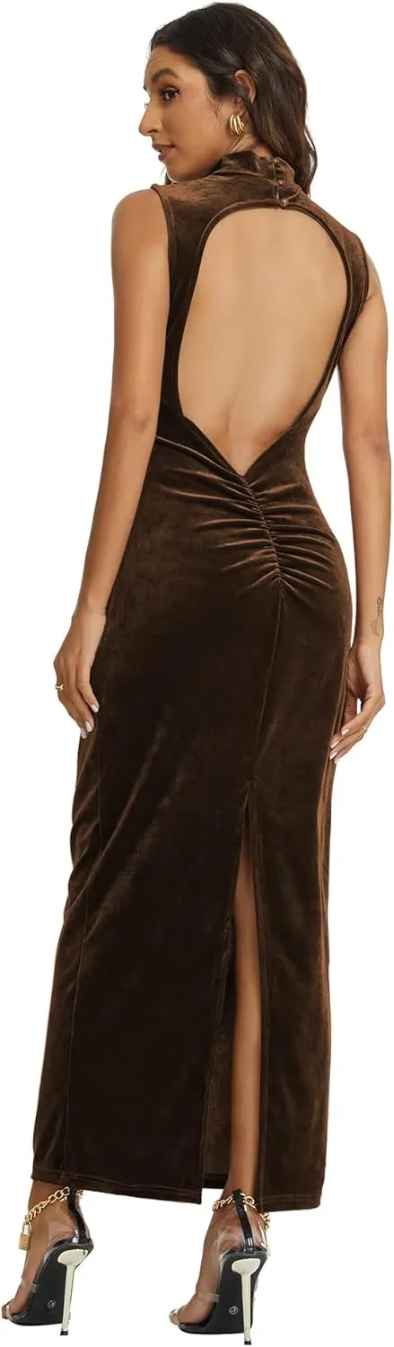 Capuffy Women Backless Velvet Maxi Dress Back Slit Ruched Bodycon Formal Dress High Neck Cocktail Party Dress 091