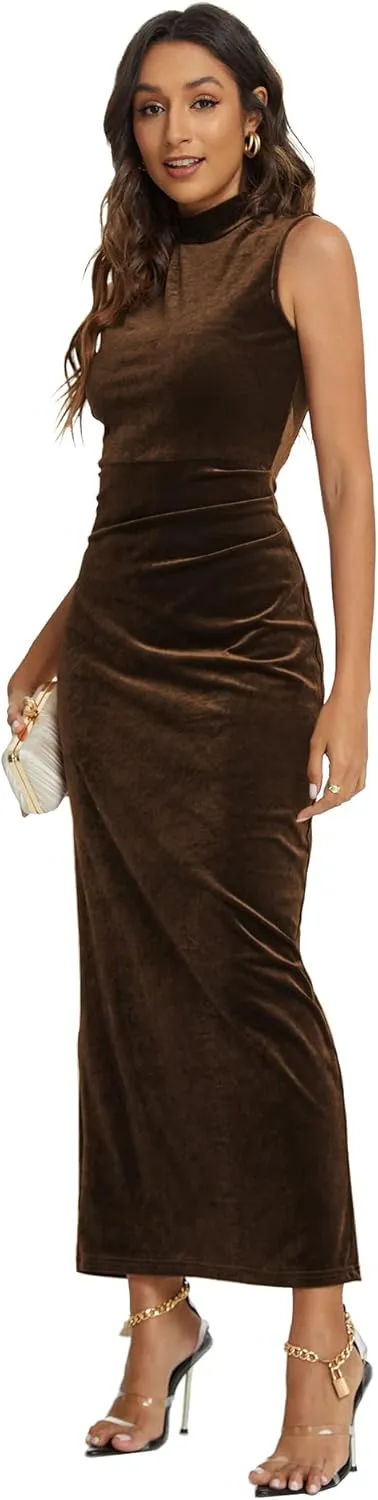 Capuffy Women Backless Velvet Maxi Dress Back Slit Ruched Bodycon Formal Dress High Neck Cocktail Party Dress 091