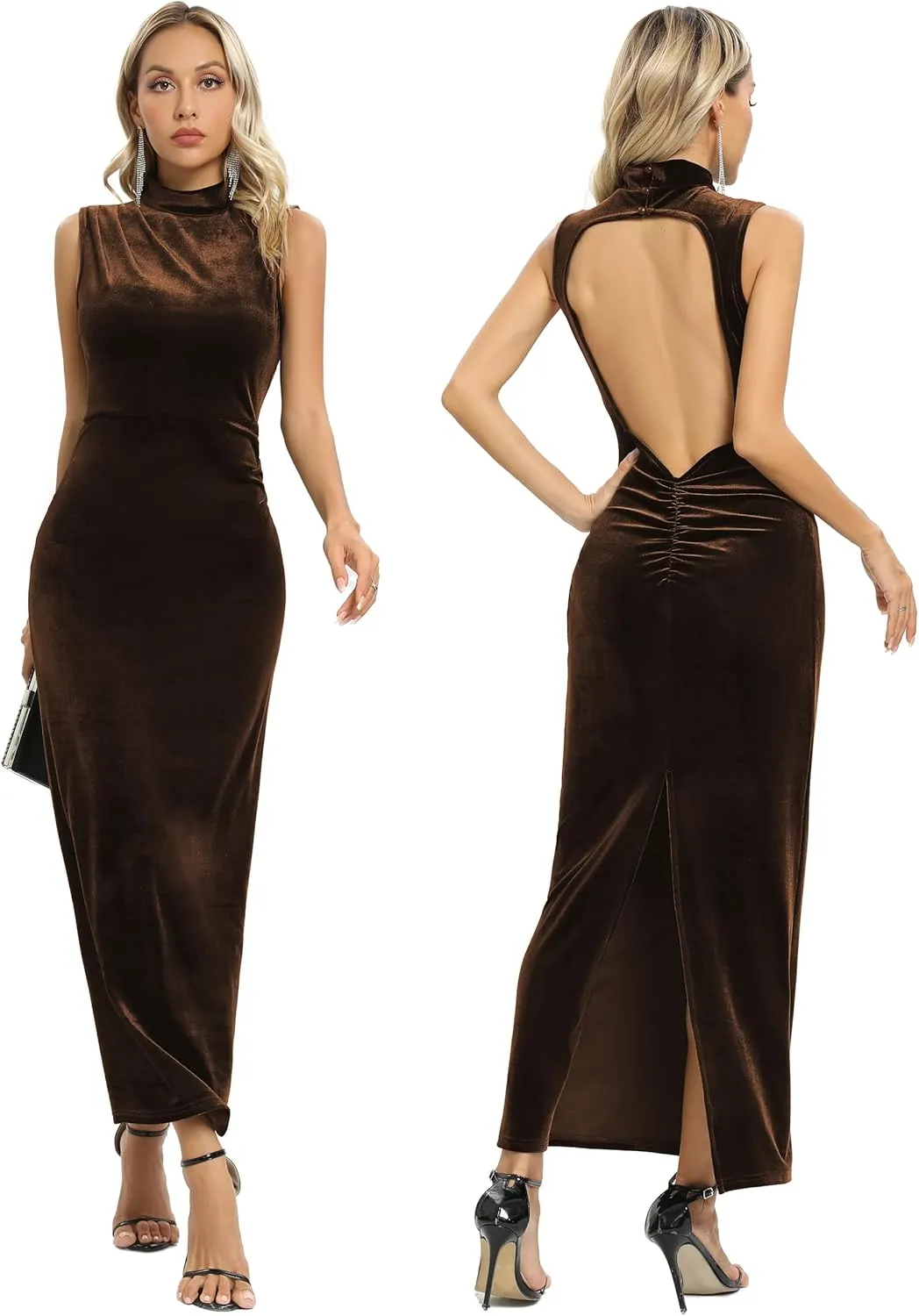 Capuffy Women Backless Velvet Maxi Dress Back Slit Ruched Bodycon Formal Dress High Neck Cocktail Party Dress 091