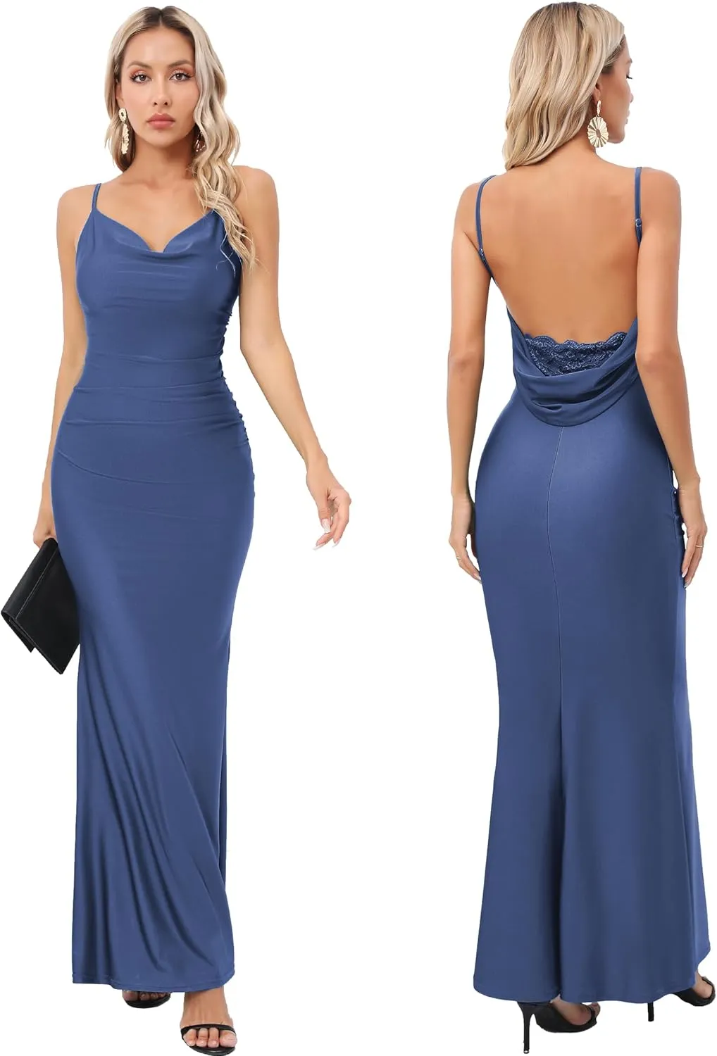 Capuffy Women Drape Neck Formal Maxi Dresses Lace Backless Cocktail Party Dress Spaghetti Straps Mermaid Evening Gown 221